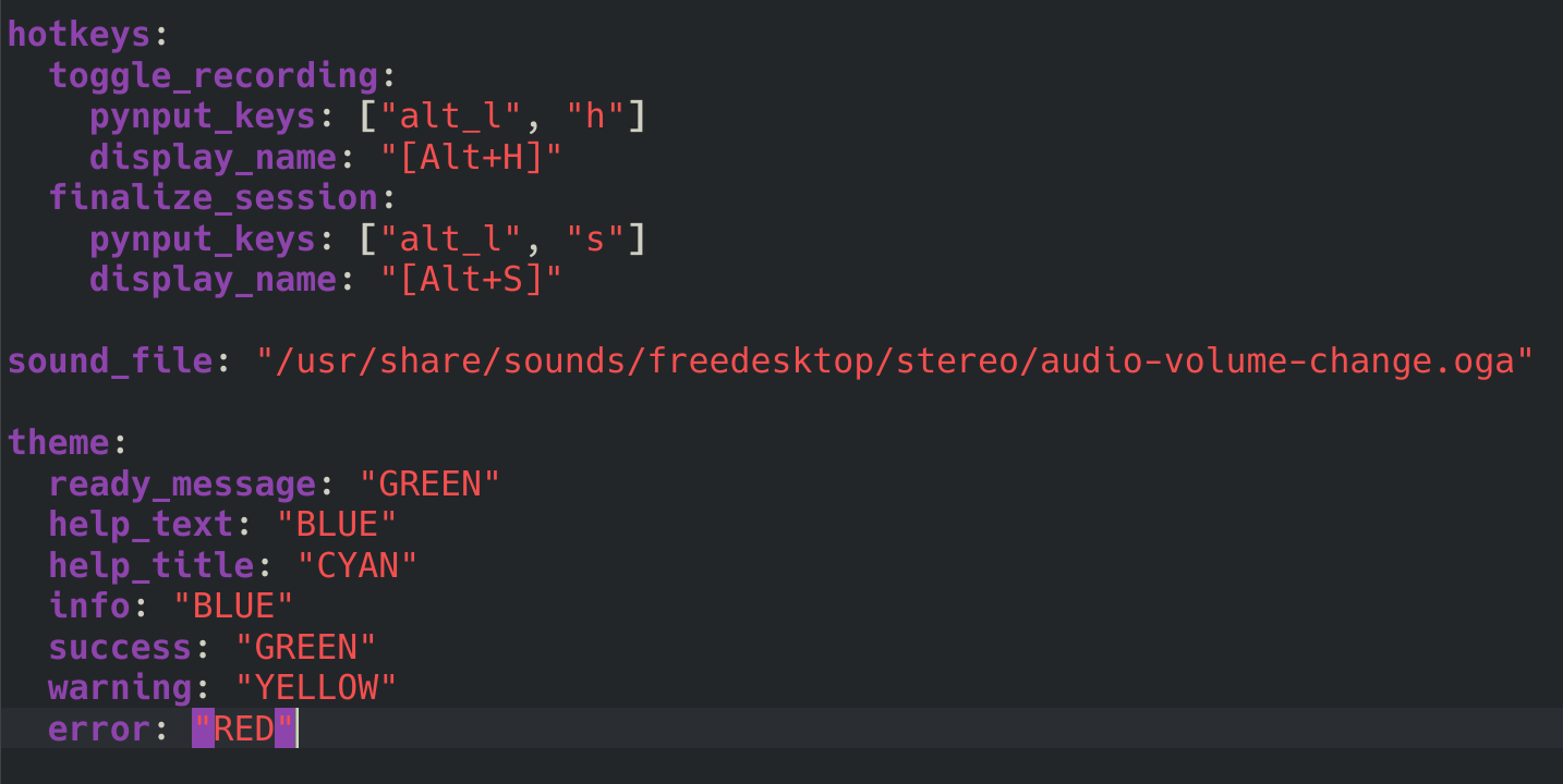 Snippet of the config.yaml file showing hotkeys and theme color settings.